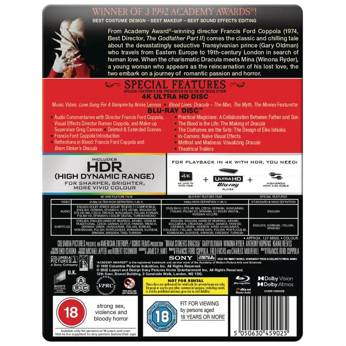 Back j-card of Bram Stoker's Dracula Limited Edition Steelbook (UK Import) [4K Ultra HD + Region B Blu-ray]