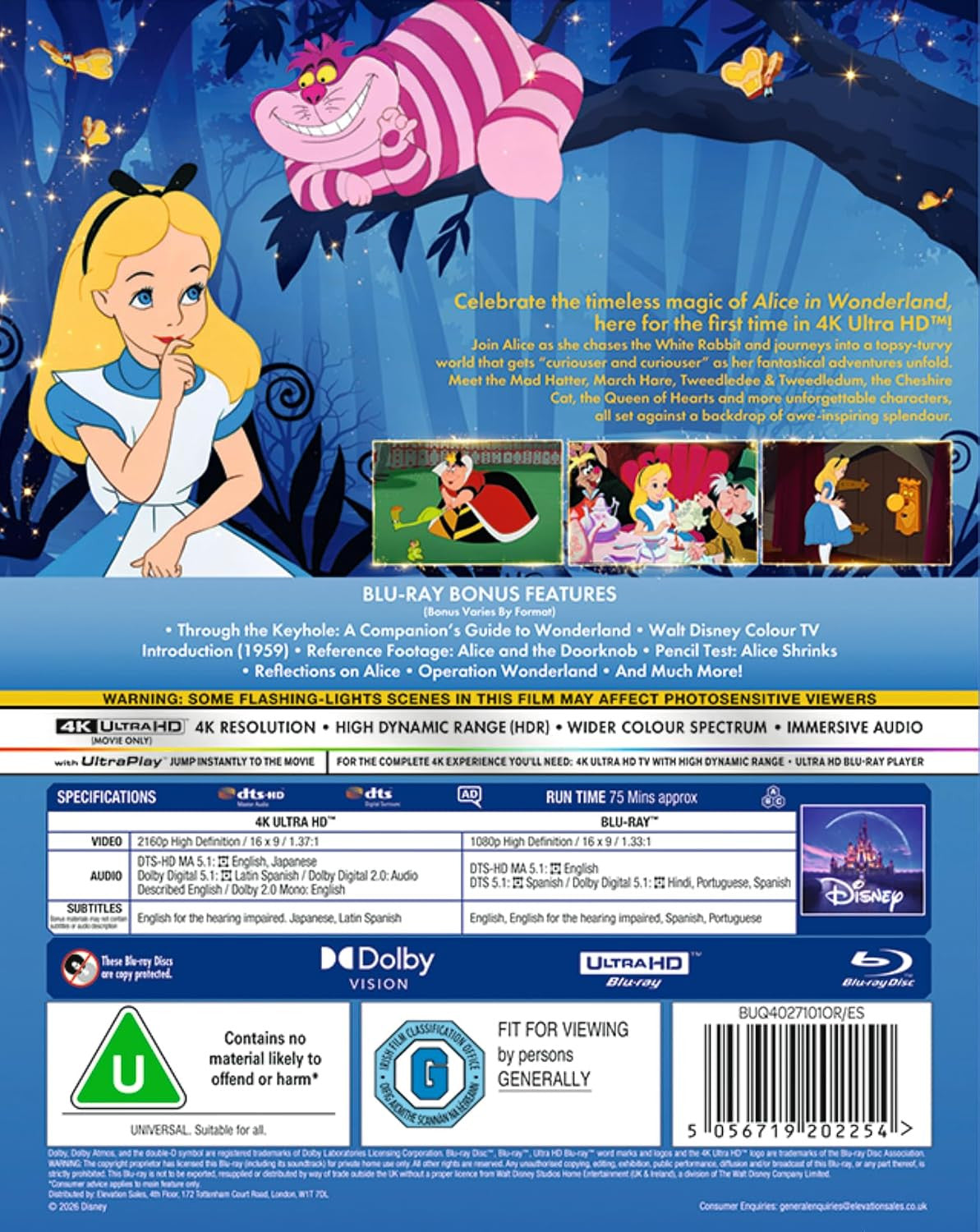 Back cover of Alice In Wonderland (UK Import) [4K Ultra HD + Blu-ray]