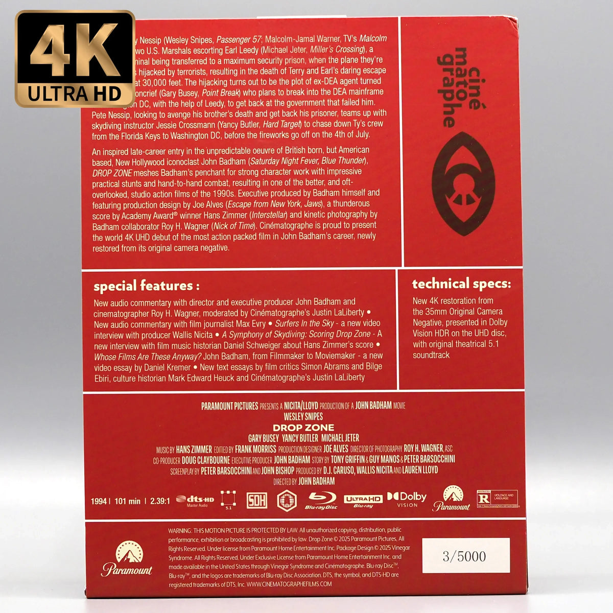 Back slipcase of Drop Zone [4K Ultra HD + Blu-ray Set]