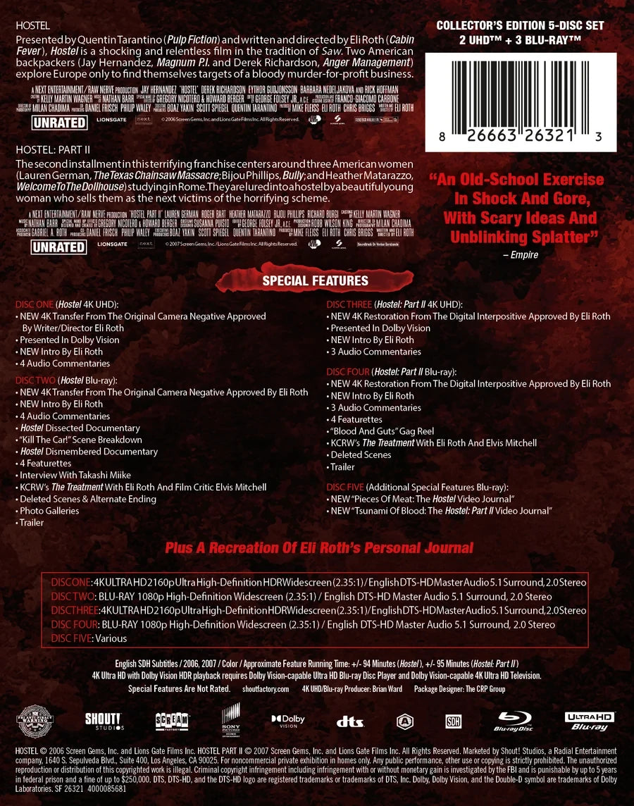 Back cover of Hostel: Parts I & II - Limited Edition Steelbook [4K Ultra HD + Blu-ray]