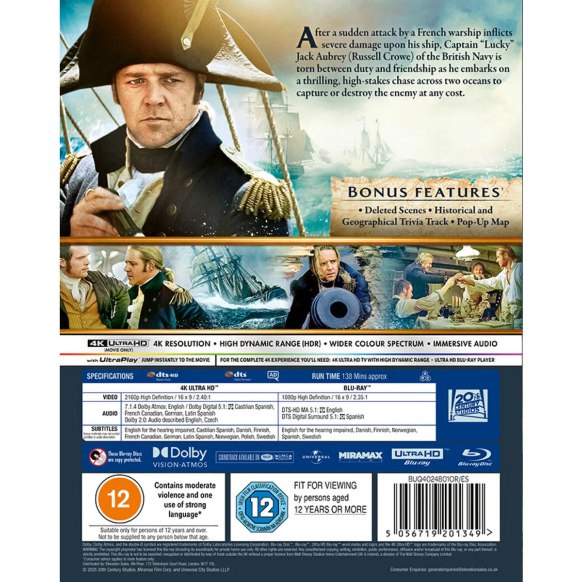 Back cover of J-card of Master and Commander Limited Edition Steelbook (UK Import) [4K Ultra HD + Region B Blu-ray]
