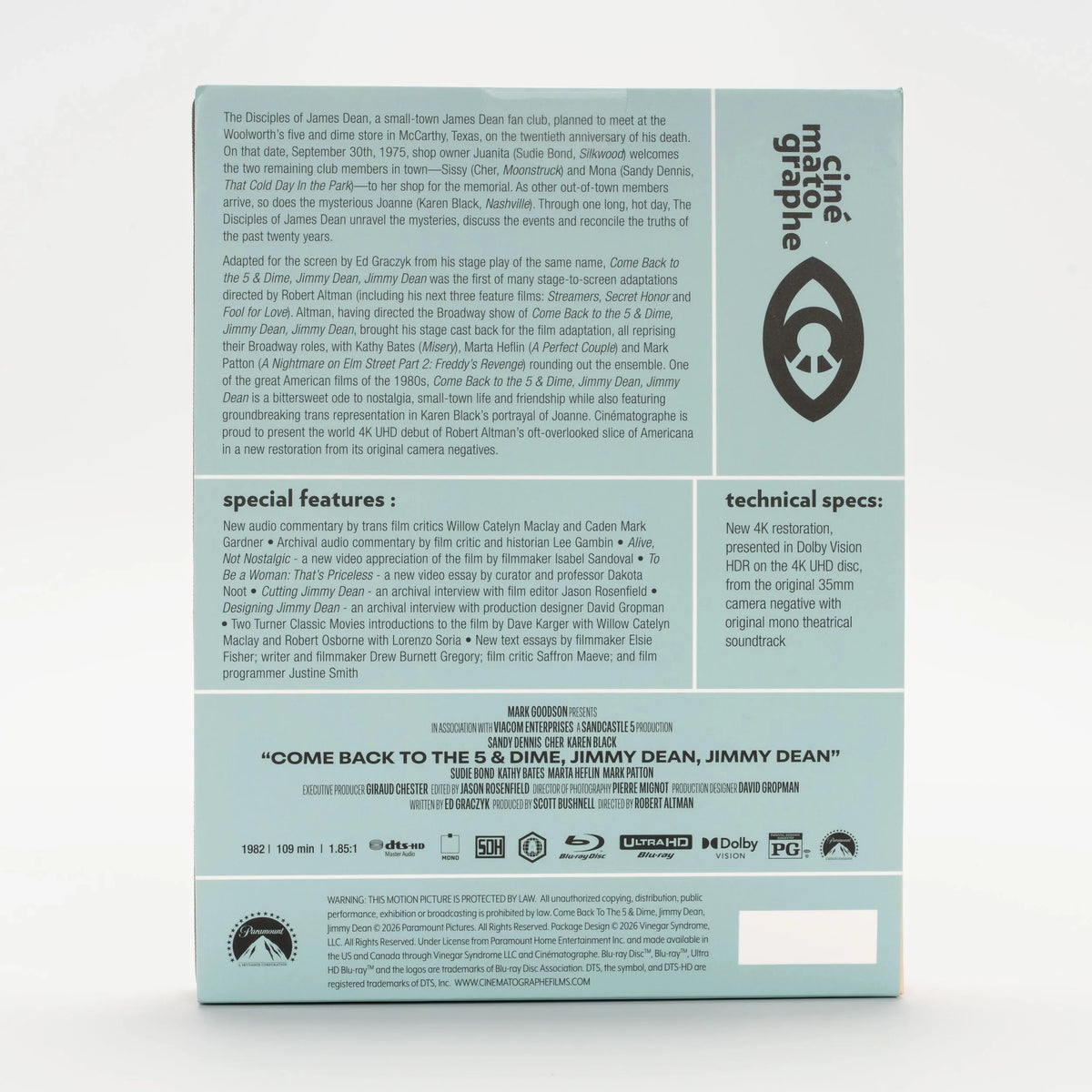Back cover of Come Back to the 5 & Dime, Jimmy Dean... Limited Edition [4K Ultra HD + Blu-ray]