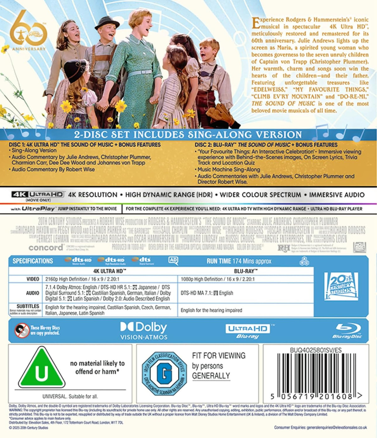 Back cover of The Sound of Music 60th Anniversary (UK Import) [4K Ultra HD + Region B Blu-ray]