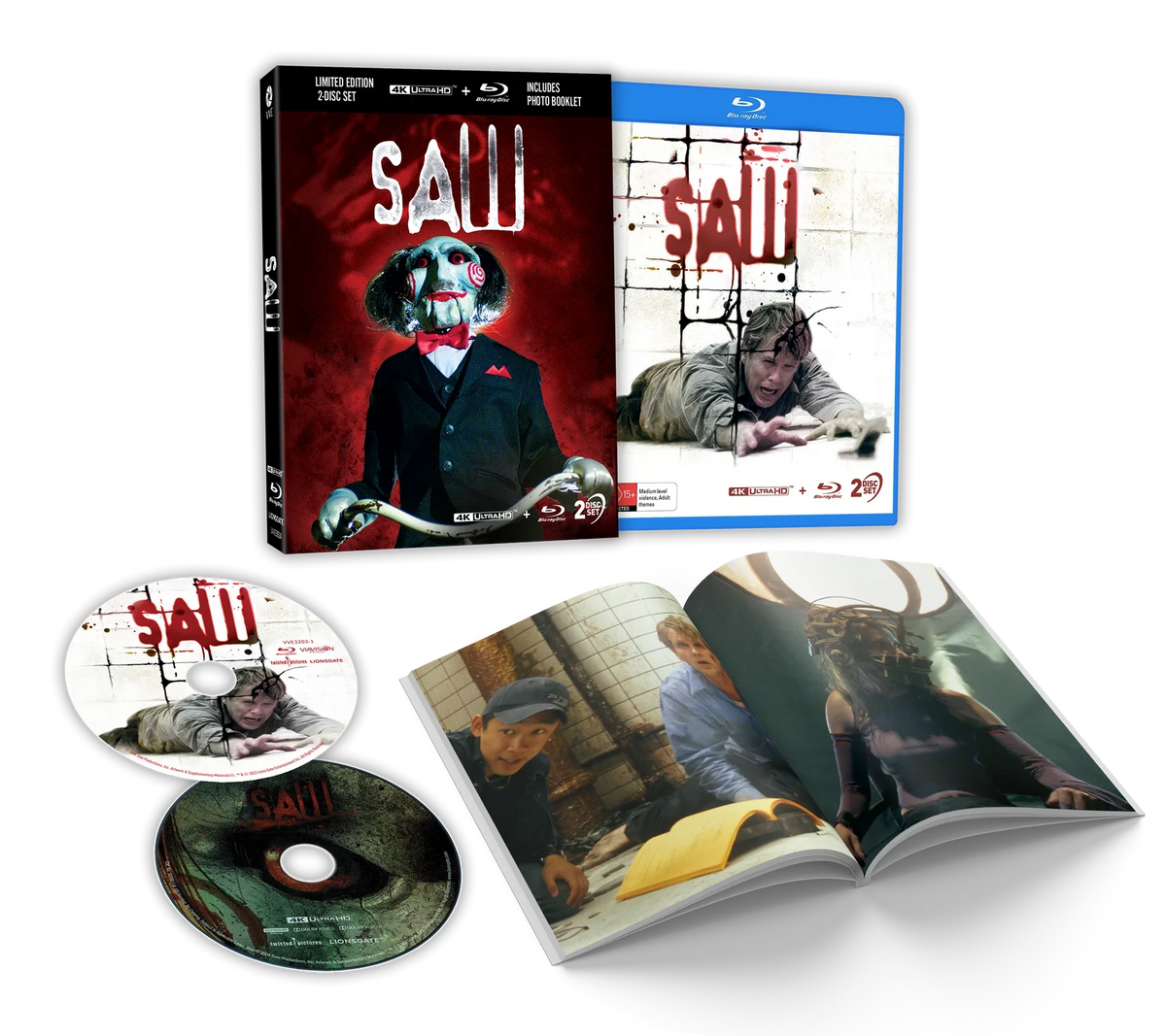 Box contents of Saw (2004) Limited Edition Lenticular Hardcase [4K Ultra HD + Blu-ray] (Australian Import)