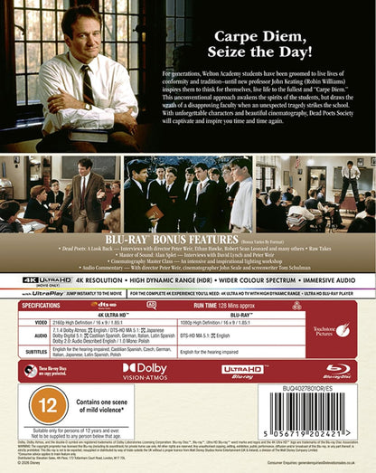 Back cover of Dead Poets Society (UK Import) [4K Ultra HD + Blu-ray]