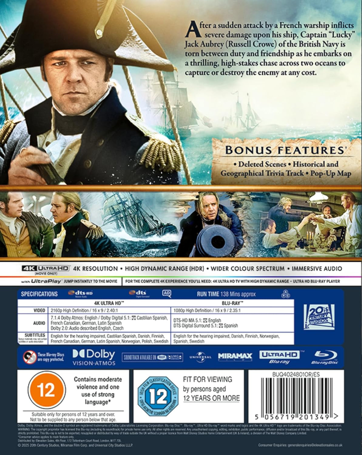 Back cover of Master and Commander: Far Side of the World (UK Import) [4K Ultra HD + Region B Blu-ray]