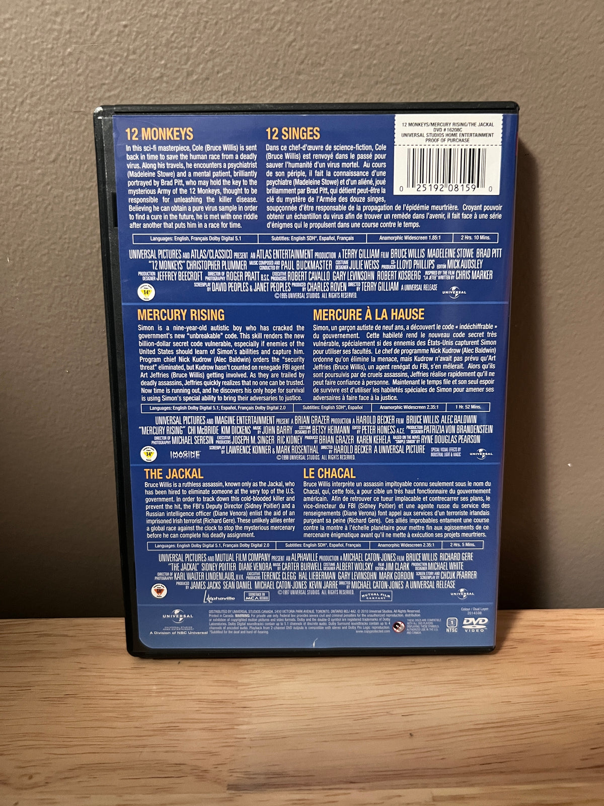 Rear / packaging view of 12 Monkeys / Mercury Rising / The Jackal: Triple Feature DVD