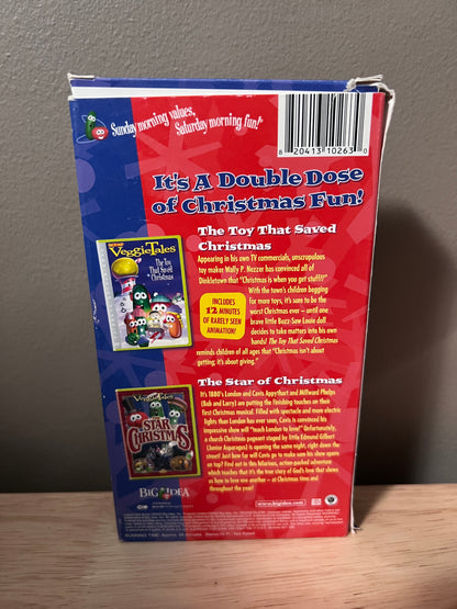 Back packaging of VeggieTales: Holiday Double Feature VHS